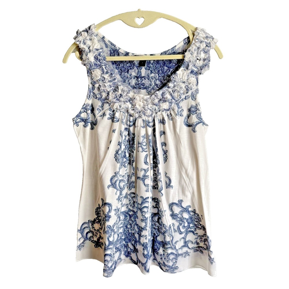 ESPRESSO Y2K Babydoll Tank Top L Lace Blue Floral Camisole Boho Cottage Fairy - Picture 1 of 12